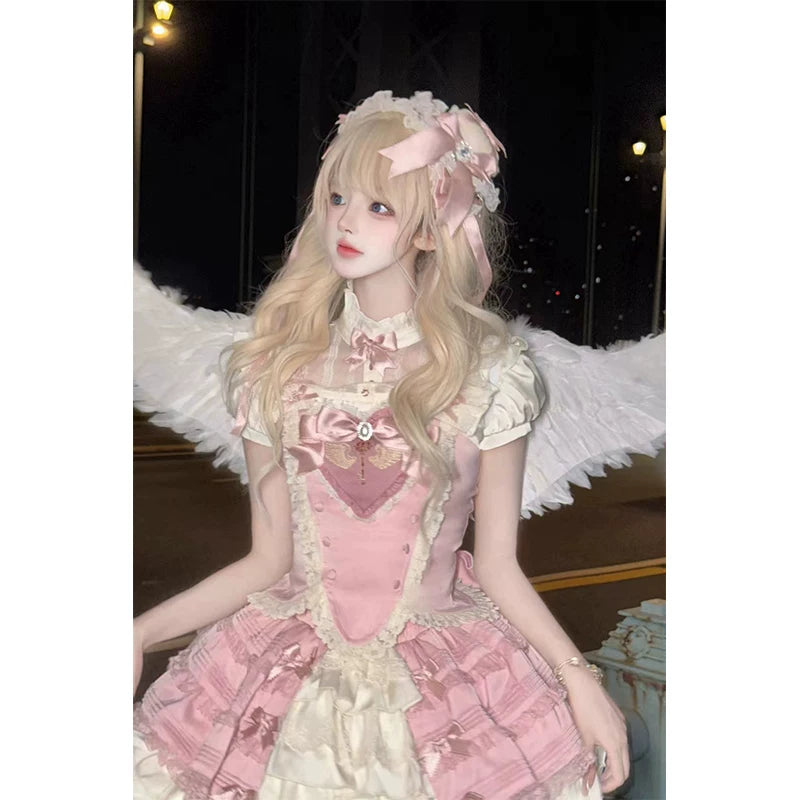 Creamy - Magical Girl - Pink blouse-and-skirt set with a ribboned bustier bodice