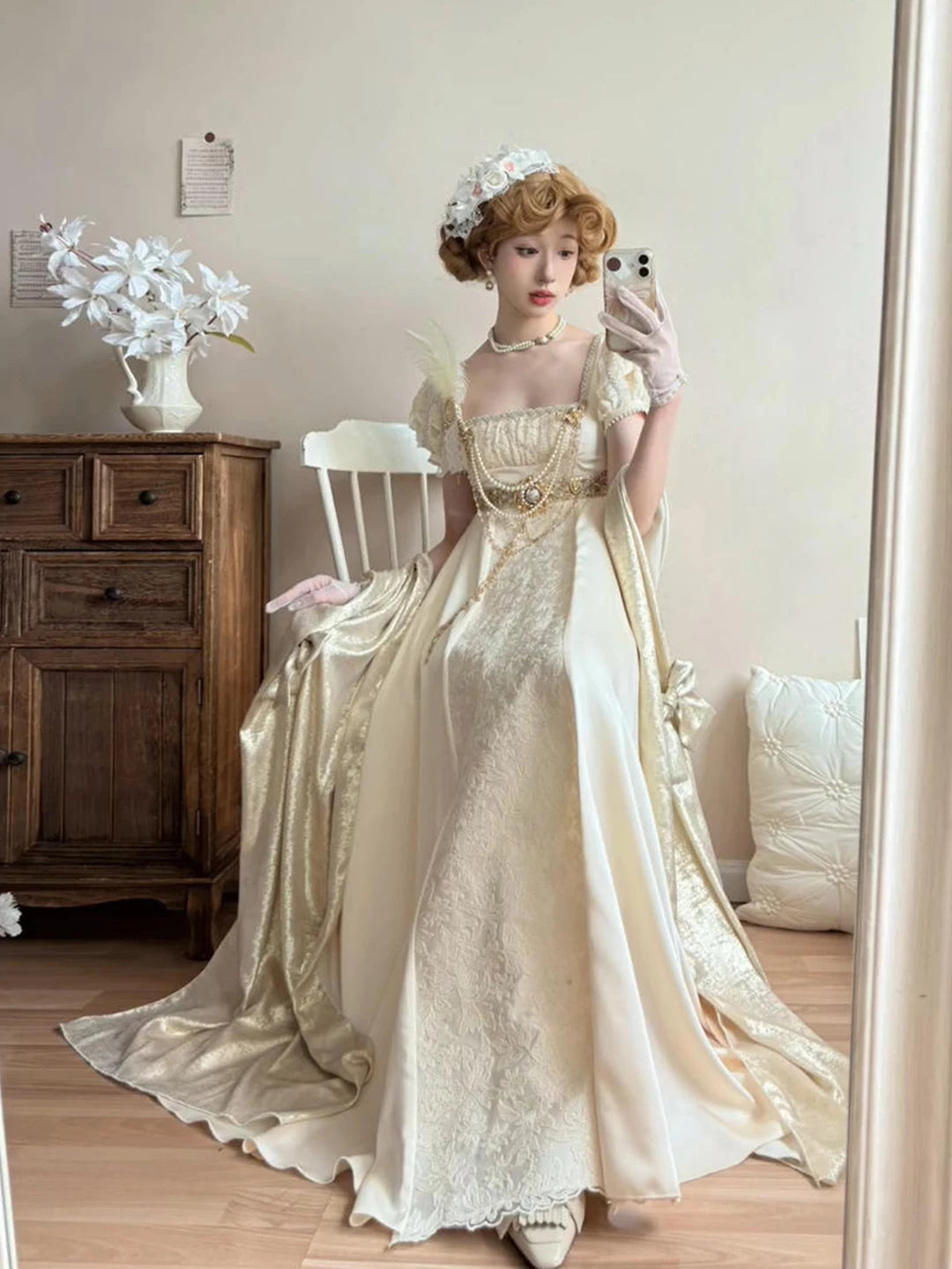 Creamy - Imperial Angel - Embossed Acetate Satin Dress and Stole Set with Puff Sleeves