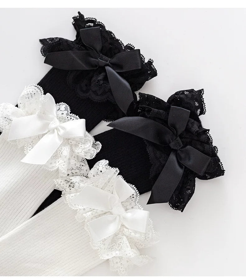 Milky Star Qiaoqiao - Lace Bow - Cotton Mid-Calf Socks with Lace Cuffs