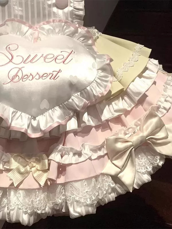 Creamy - Sweet Dessert - Yellow-and-pink OP Dress with Apron and Bow