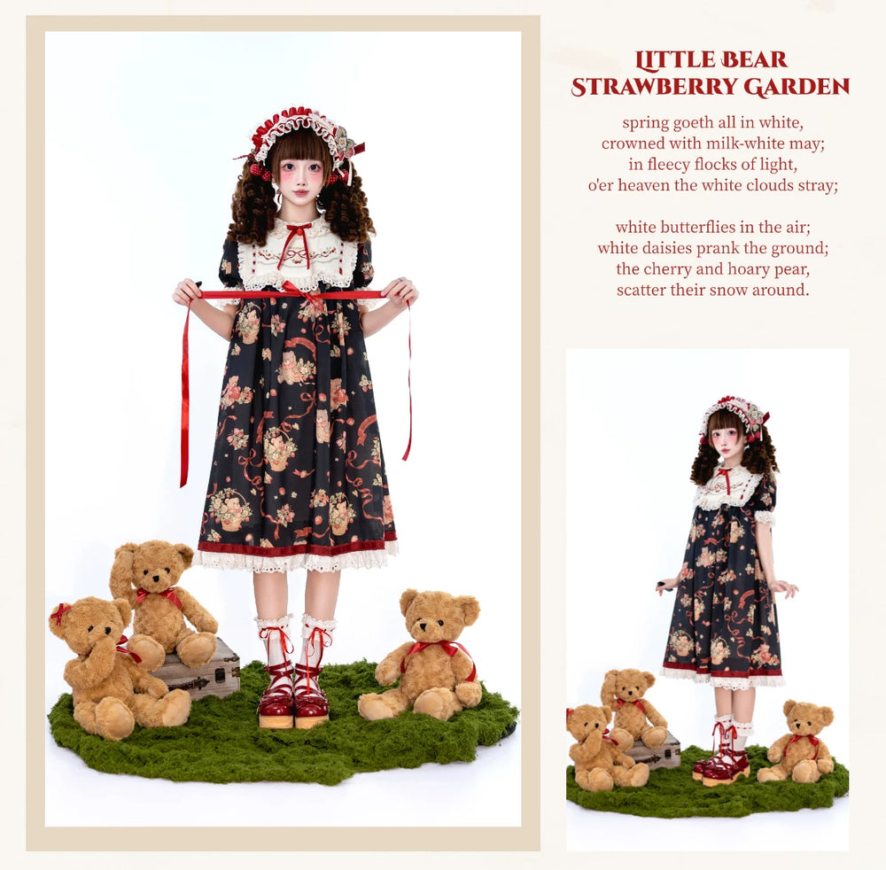 Thousand Wood - Bear's Strawberry Garden - Hair Clip with Strawberry Embroidery and Bow