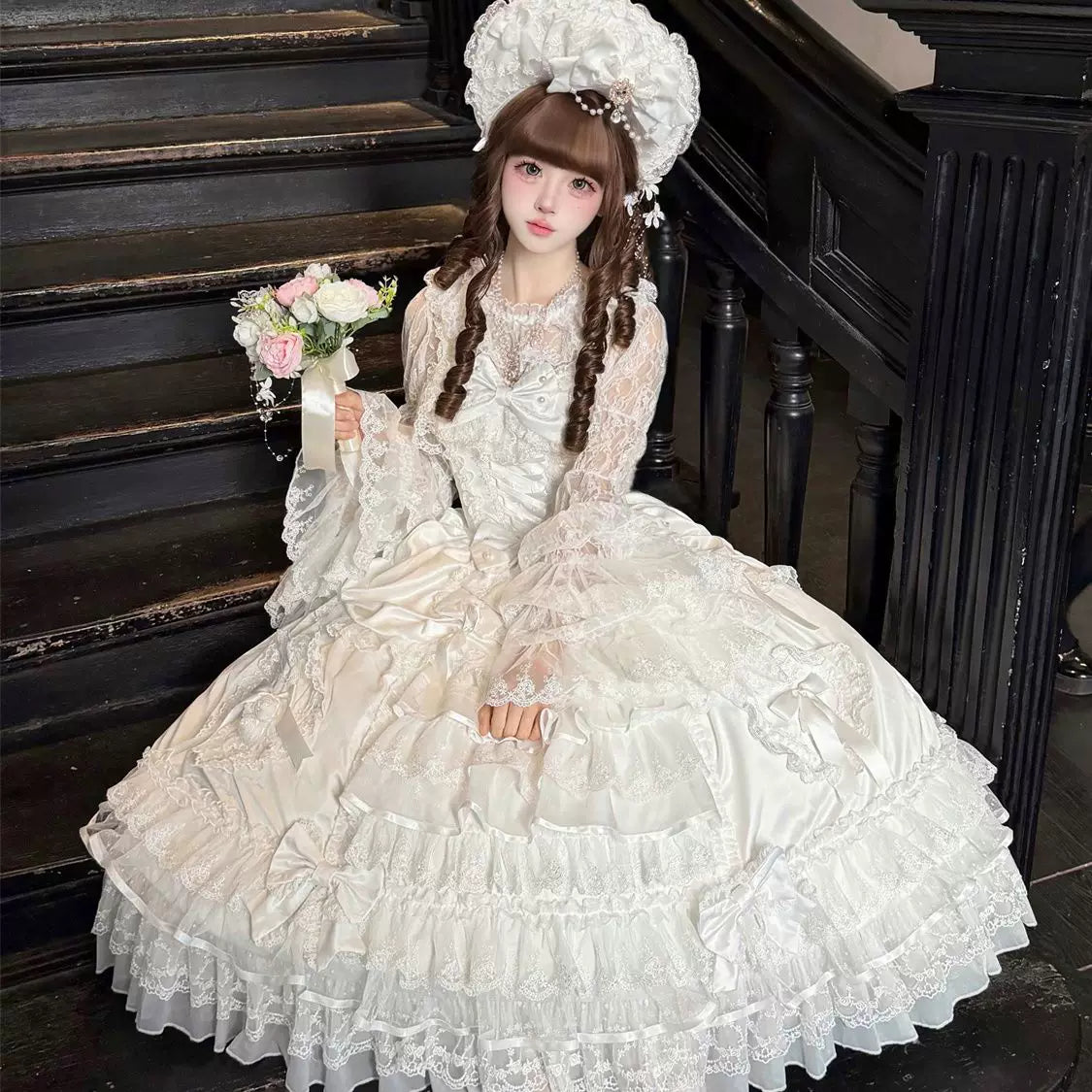 Lady Han Bridal Sweet JSK dress from Lolita Fetch featuring a curtain poem design, elegant lace details, and a classic lolita silhouette.