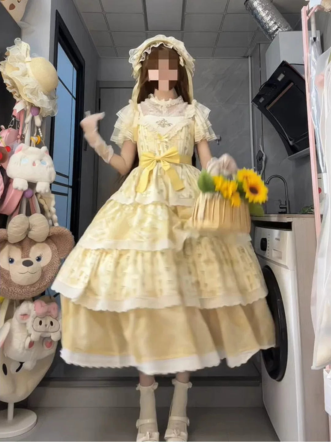 Creamy - Yellow Garden Embroidery - JSK dress with a waist belt and layered ruffle tiers