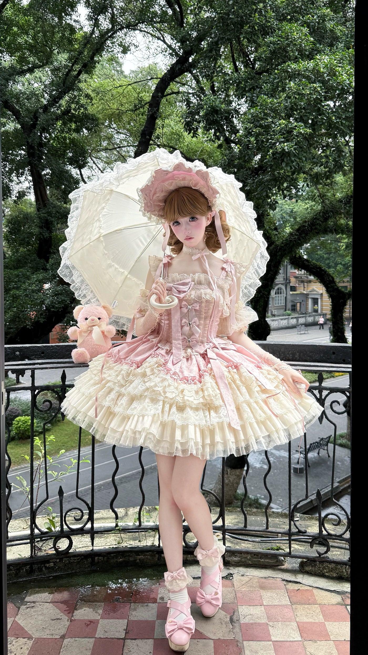 Miaolin Original - Sakura Dream Pink Ballet - JSK dress with layered cream lace