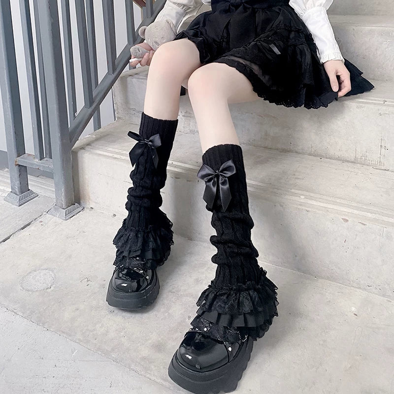 Floral Milk Cat - Ribbon Knit - Scrunched Calf Socks with Bows and Lace Ruffles