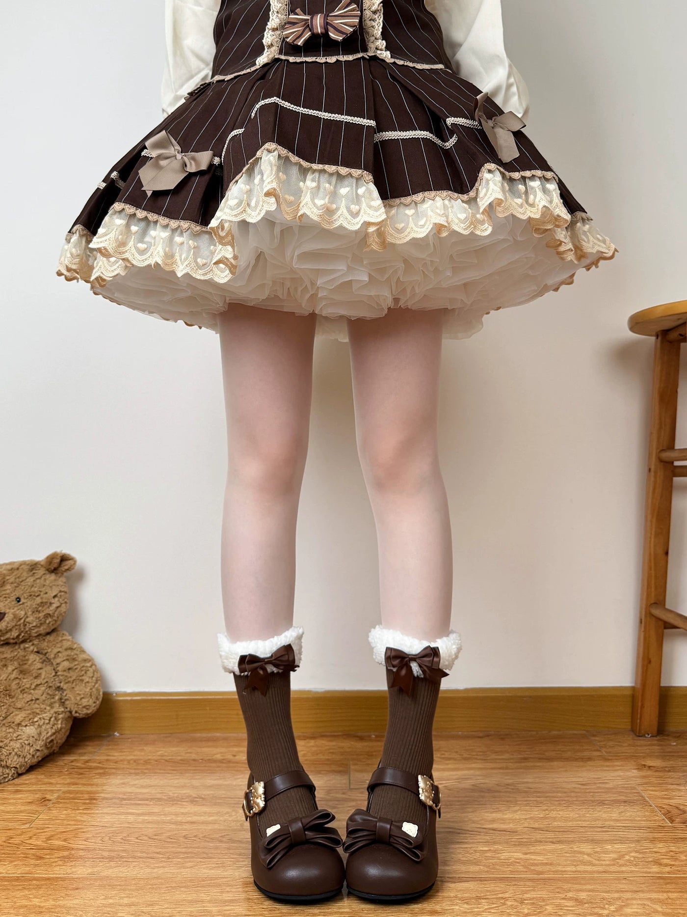 Chubby Bear Tales - Caramel Brown - Mid-Calf Scrunch Socks with Bow and Pom-Pom Details