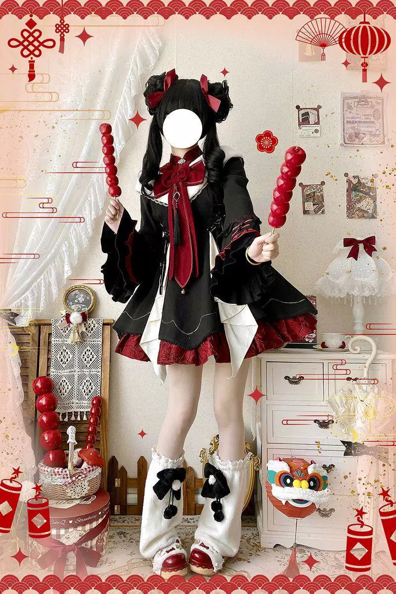 Sweetheart Dream Machine - Maohua - Black-Red Chinese-Style OP Dress with Ruffled Bib