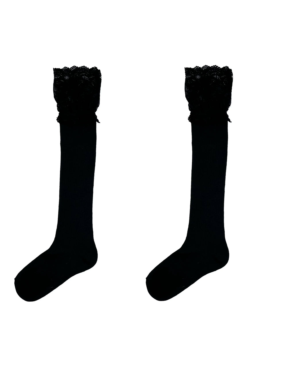 White ribbed over-the-knee socks with lace tops and burgundy strap shoes.