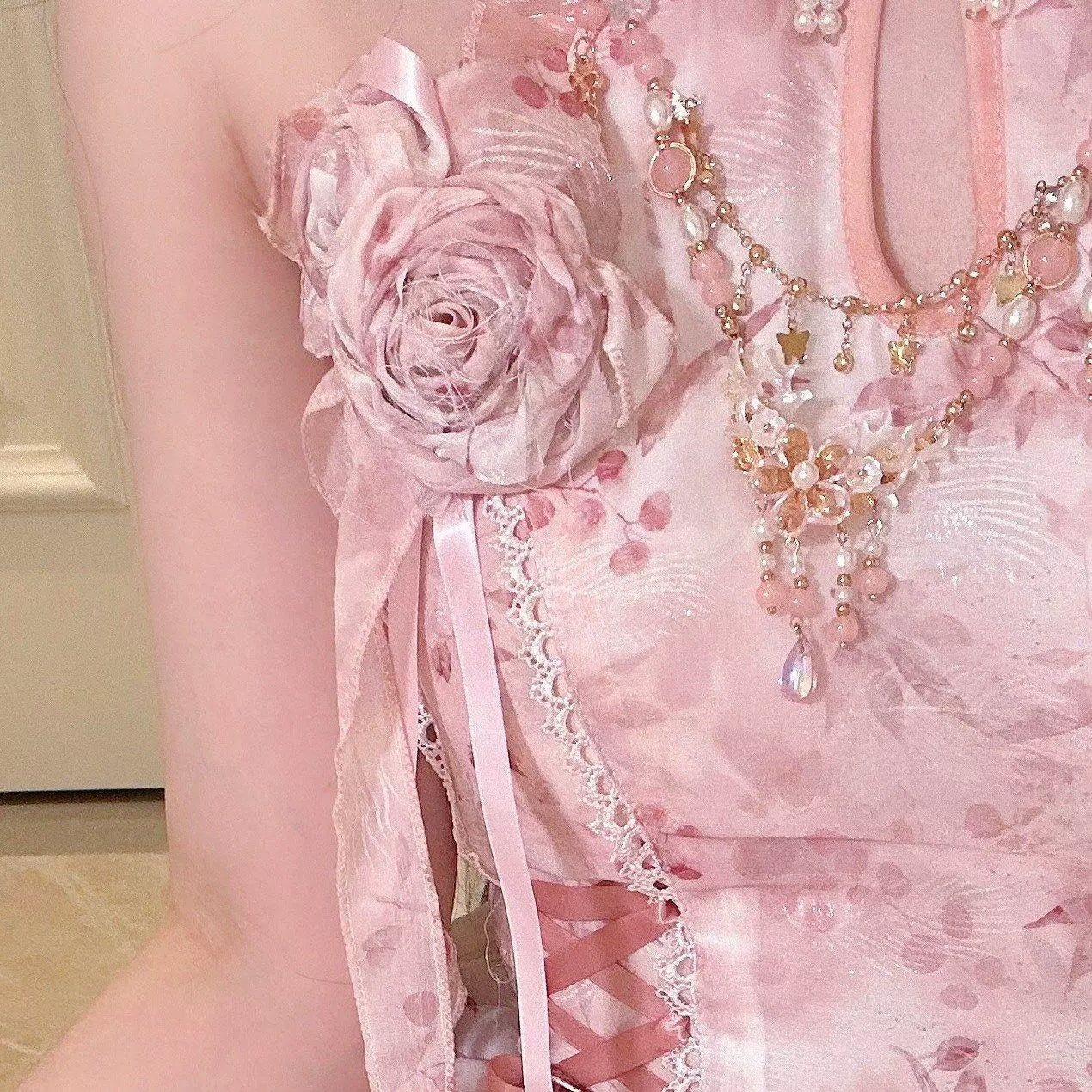 Sweetheart Dream Machine - Peach Moon Bamboo - Chinese-Inspired Halter Dress with Layered Ruffles