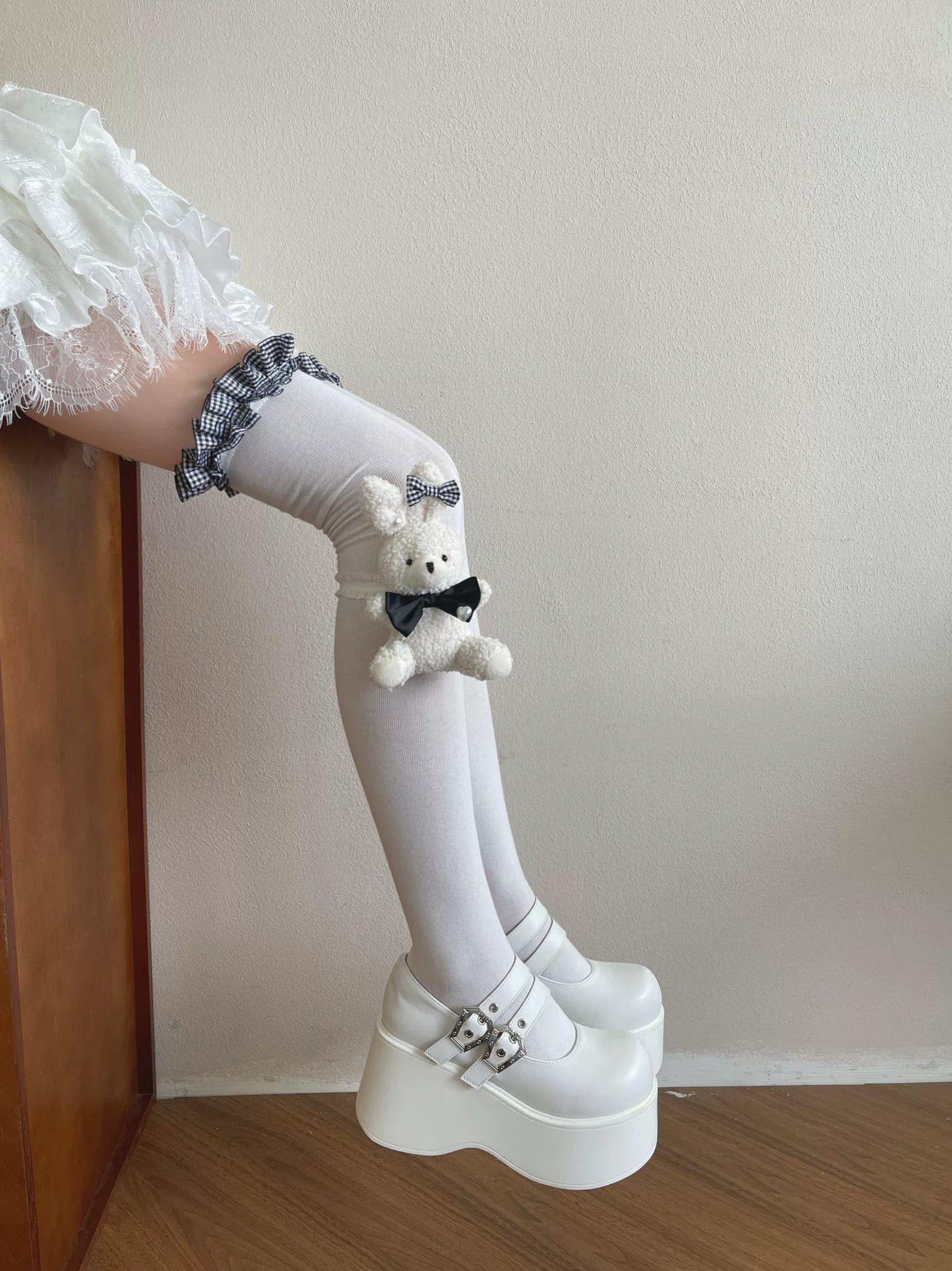 Sock Noble - Check Bunny - Over-the-Knee Socks with Bow Leg Ring Options