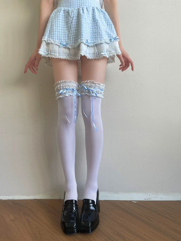 Sock Noble white velvet over-the-knee socks with lace trim and blue ribbon