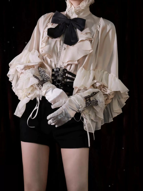 Natural-tone ruffled Lolita blouse with batwing sleeves in black-and-white styling