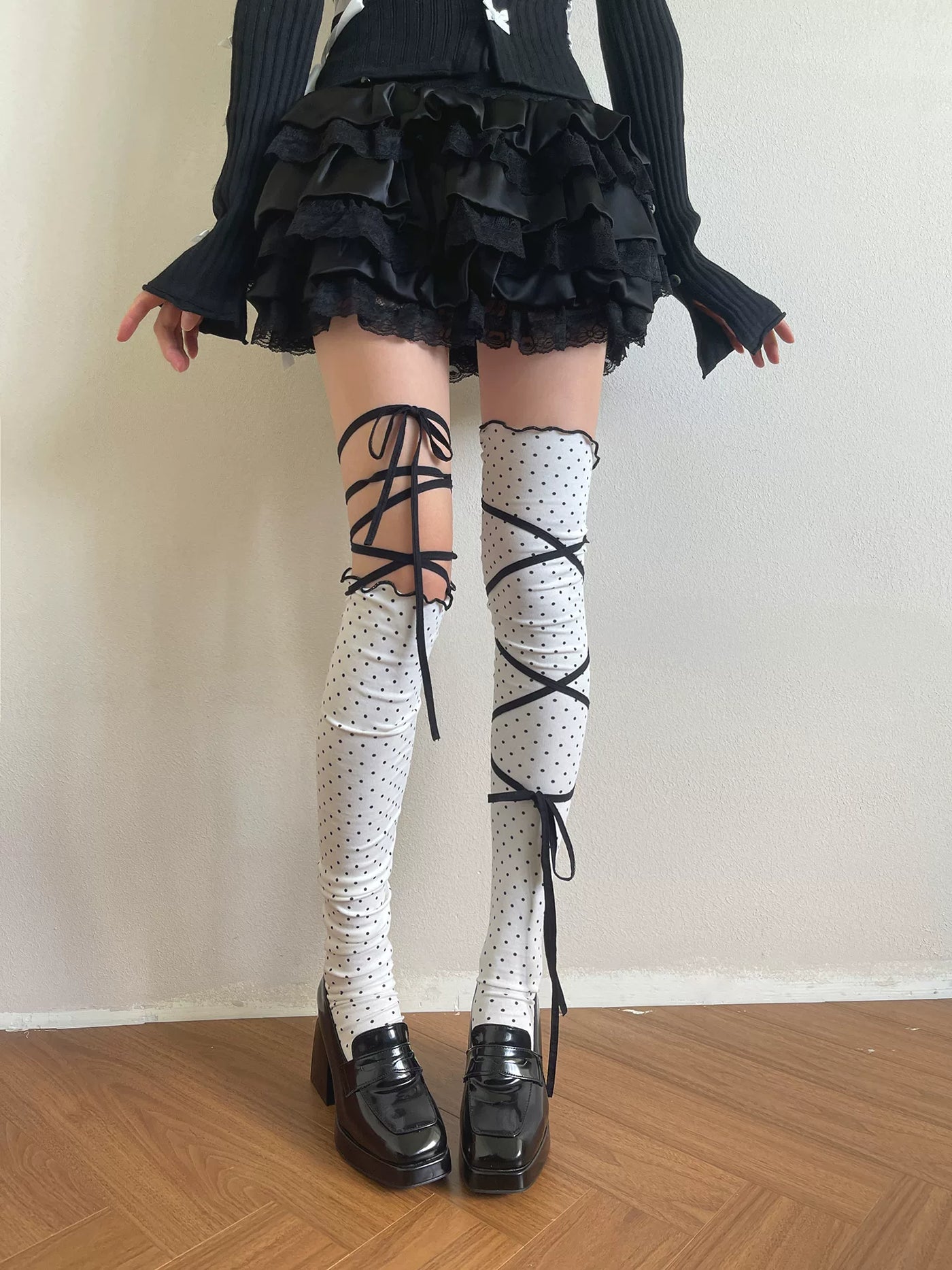 Sock Noble - Vintage Polka-Dot - Polka-Dot Over-the-Knee Socks with Wraparound Ribbons