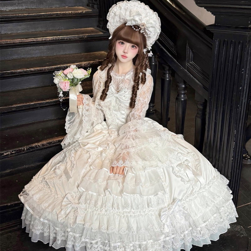 Lady Han Bridal Sweet JSK Dress by Lolita Fetch featuring a curtain poem design, with elegant lace and floral details.