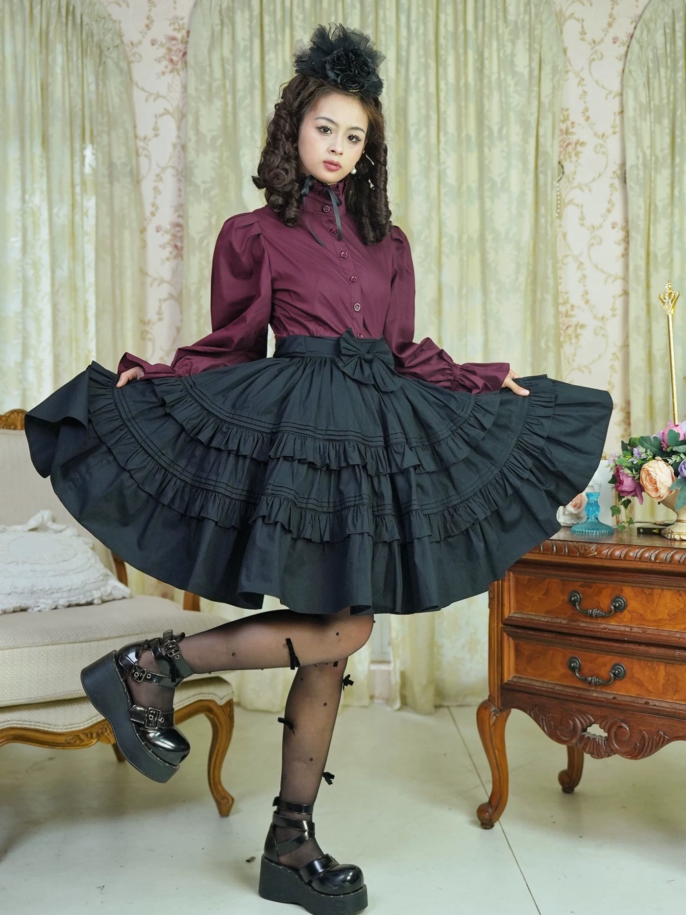 LACE GARDEN - Dark Chamber Rose - 360-Degree Full-Circle Ruffle Skirt