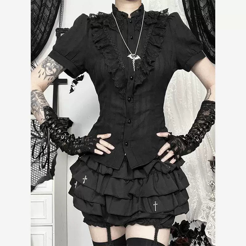 Sweetheart Dream Machine - Gothic Subculture - Lace-Ruffle Short-Sleeve Blouse