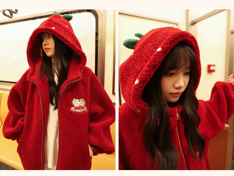 Baozi Pig - Strawberry Head - Plush Hooded Jacket with Strawberry Embroidery