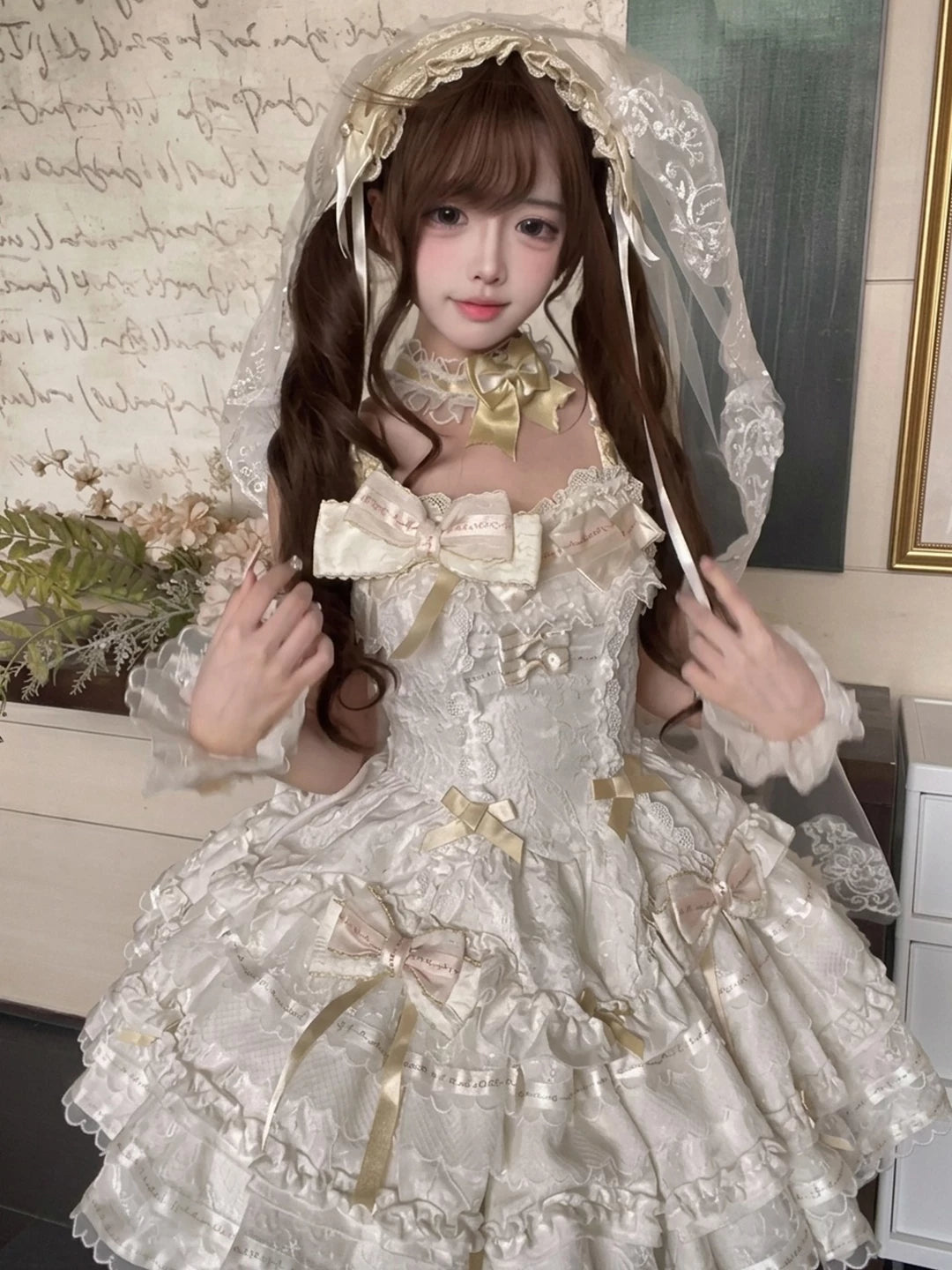 Creamy - Whisper Ballet - Apricot Dress Set with Large Train