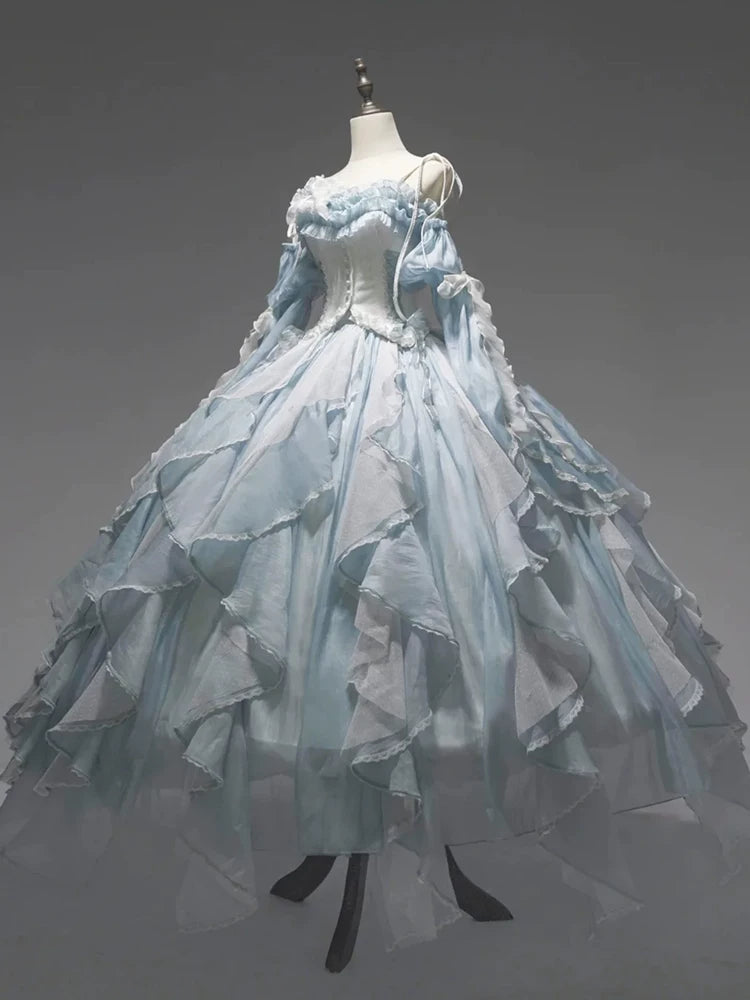 Flora Muse - Floral Lolita Ball Gown - Blue off-shoulder formal