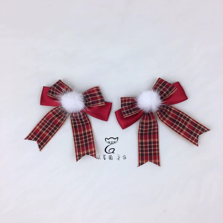 Little Red Riding Hood Burgundy Plaid Ear Headband & Clips — Bow Duckbill Hair Clips - Pair