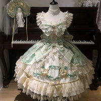Xiao Xin - Doll-Inspired Bridal - JSK Dress with layered lace trim - Green Dress / S