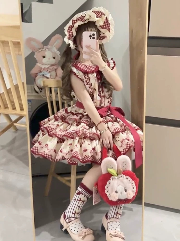Dream Bunny - The Cherries Are Ripe - Cherry-Print Lolita Fashion Set with Gingham Ruffles