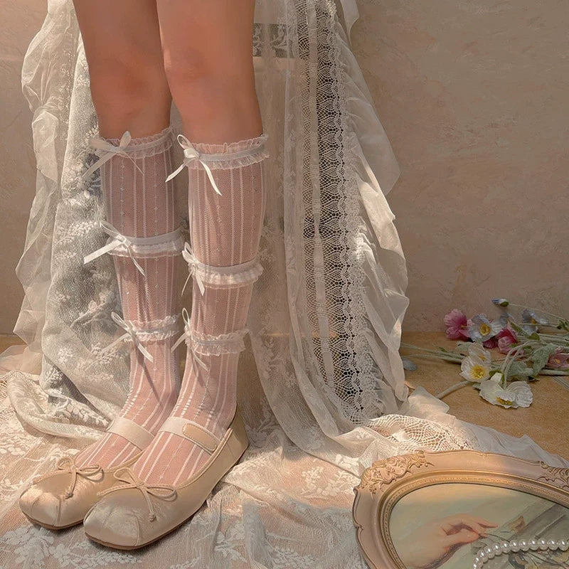 WAGUIR - Sweet Lolita Mid-Calf Socks 3-Layer - Lace Mesh Fairy Thin Socks Socks