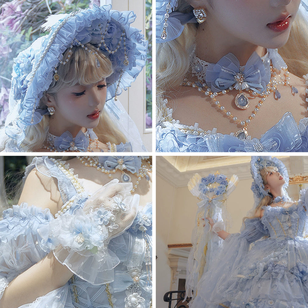 Medium blue Lolita hat with ruffled detailing and pearl chain accents