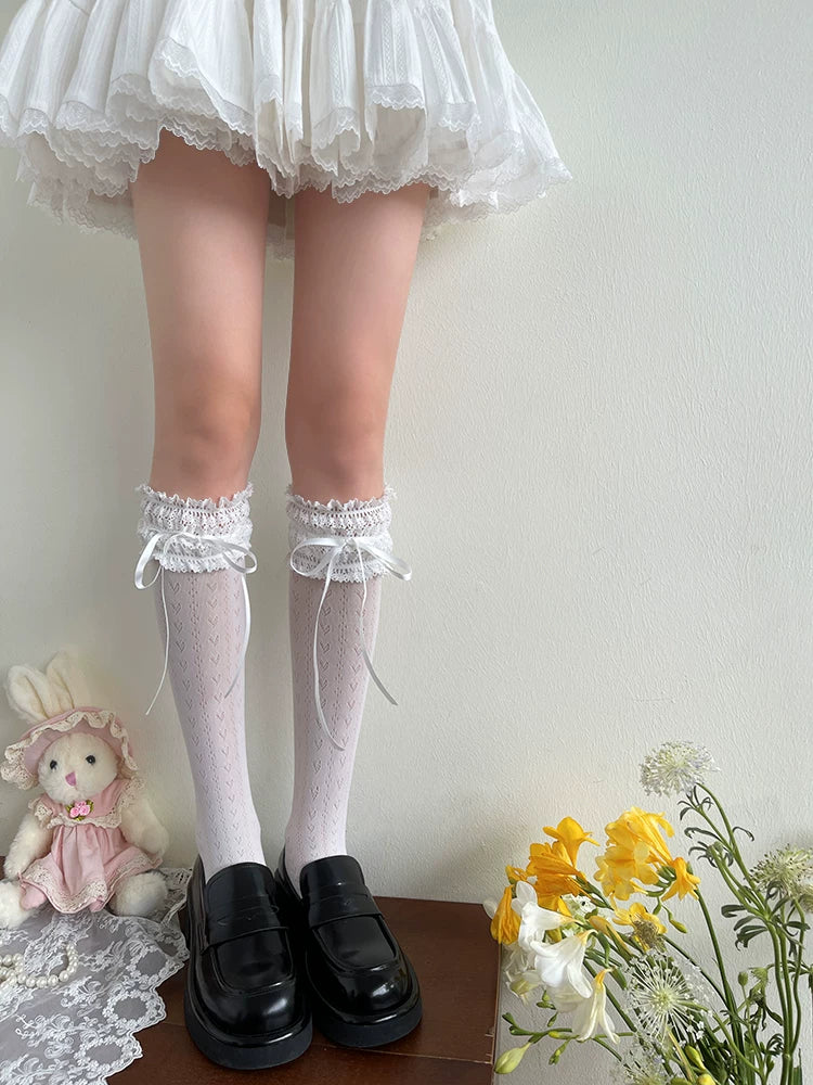 Sock Noble - Heart Floral Satin Bow - Embroidered Mid-Calf Socks with Lace Cuffs