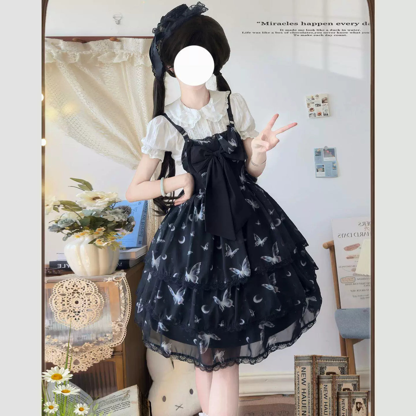 Sweetheart Dream Machine - Moonlit Butterfly - Black JSK dress with an oversized bow and butterfly print