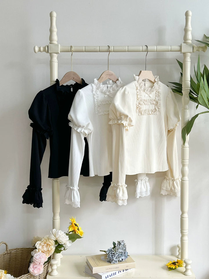 With PUJI - Wind Floc - Classic Lolita Top, Ruffle Trim & Stand Collar