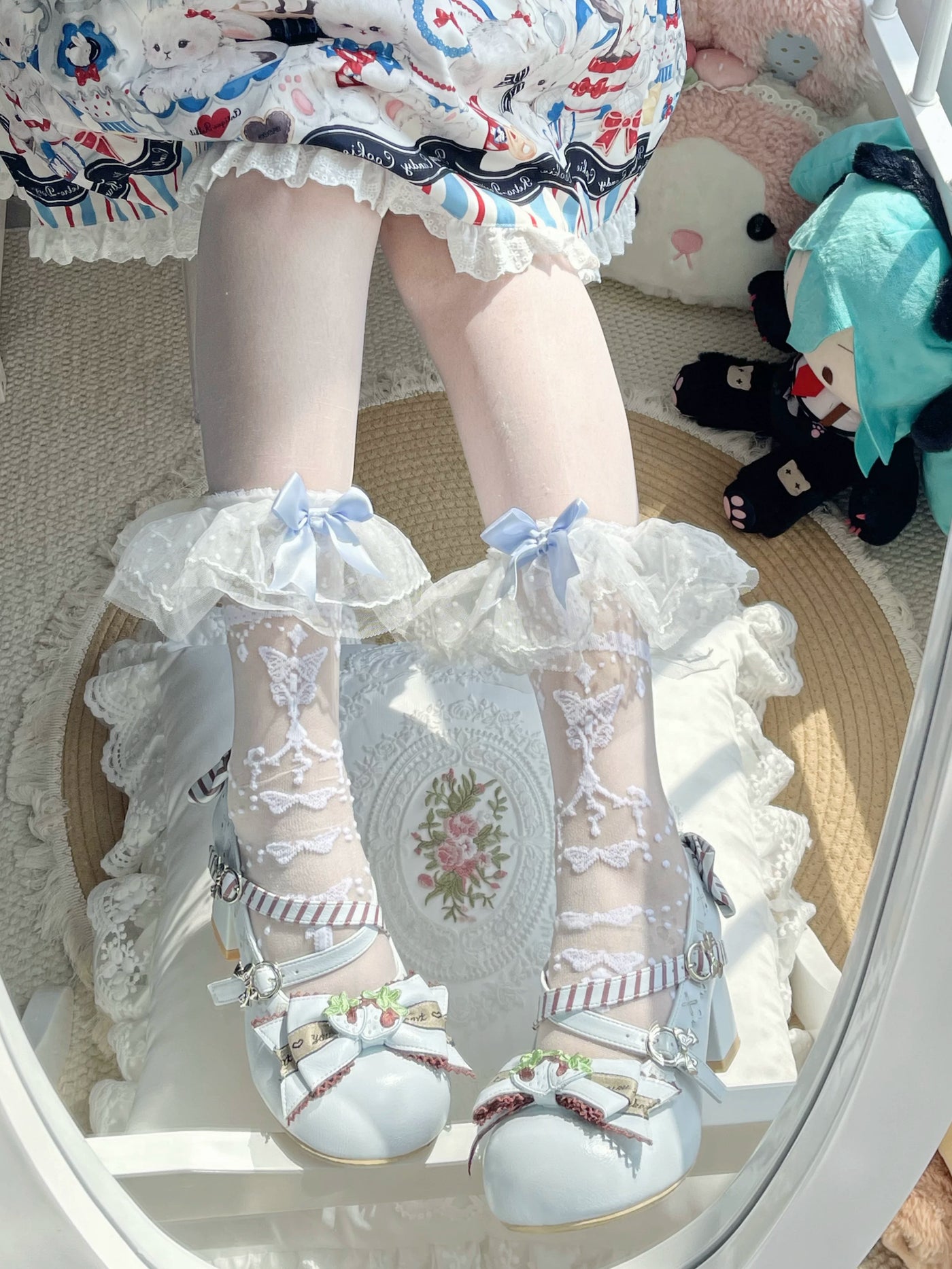 Fantasy Doll - Butterfly Prayer - Sheer Mid-Calf Socks with Layered Lace Cuffs