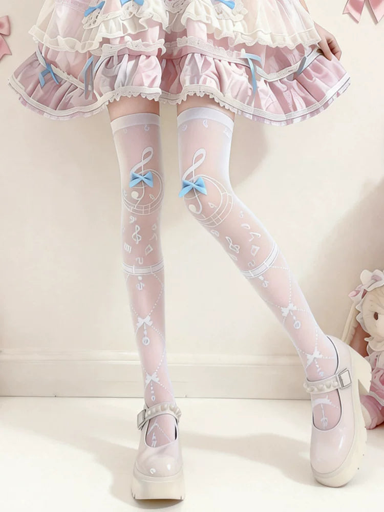 Fantasy Doll - Musical Note Sweetness - White Thigh-High Socks with Bow Accents