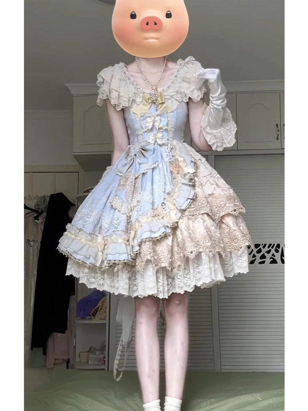 Pale blue and ivory Creamy Lolita dress set with layered lace and bow details