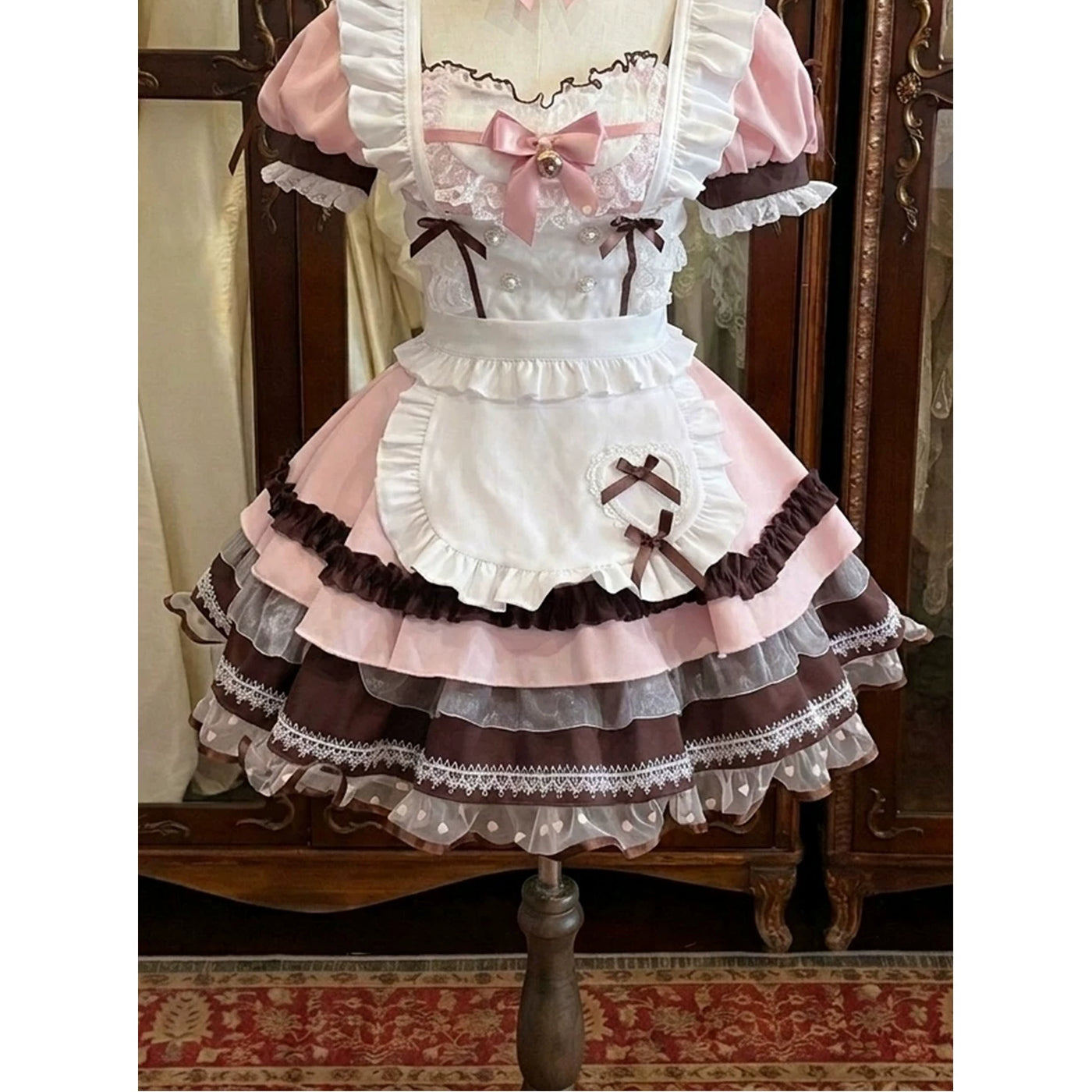 Creamy - Bow Apron Set - Pink, White and Brown Two-Piece OP Dress Set with Ruffled Apron