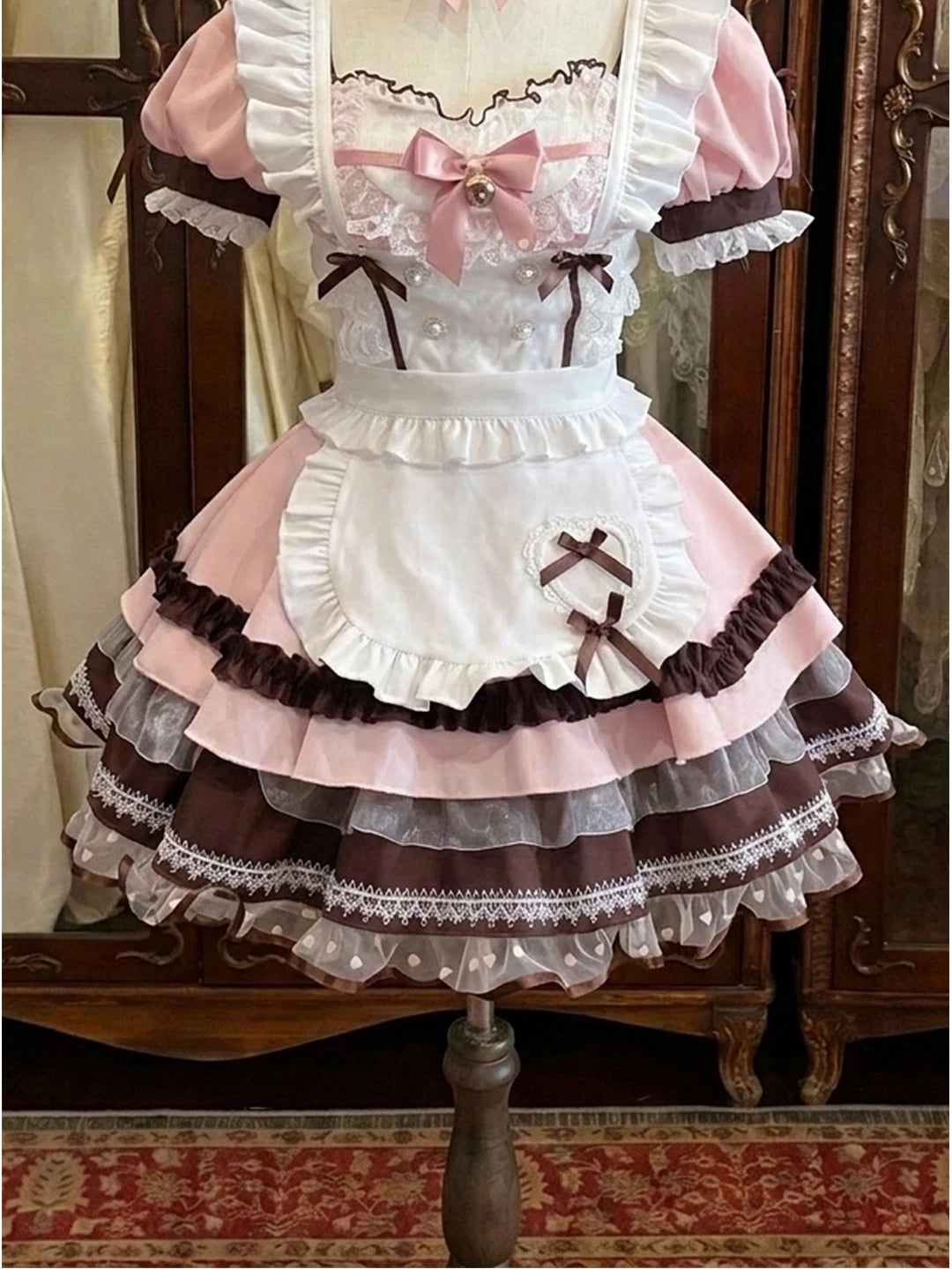 Creamy - Bow Apron Set - Pink, White and Brown Two-Piece OP Dress Set with Ruffled Apron