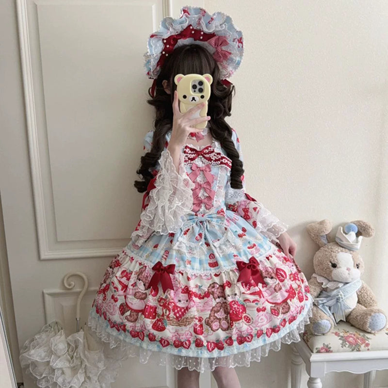 Tiantian - Strawberry - Long-Sleeved OP Dress with Lace Bows