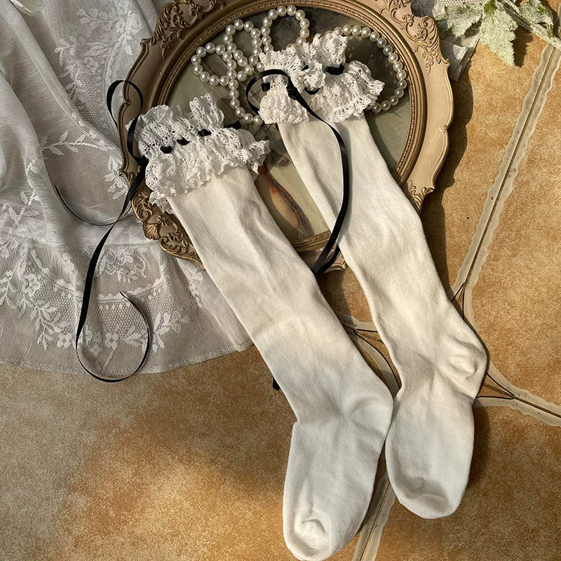 Sock Noble - Ribbon Lace - Thigh-High Socks with Ruffled Lace Cuffs