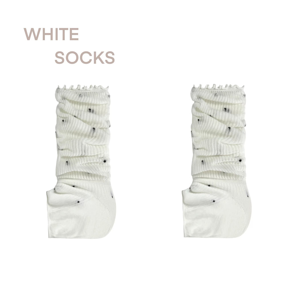 White ribbed knit Lolita calf sock with scalloped lace cuff and polka dot sheer panel