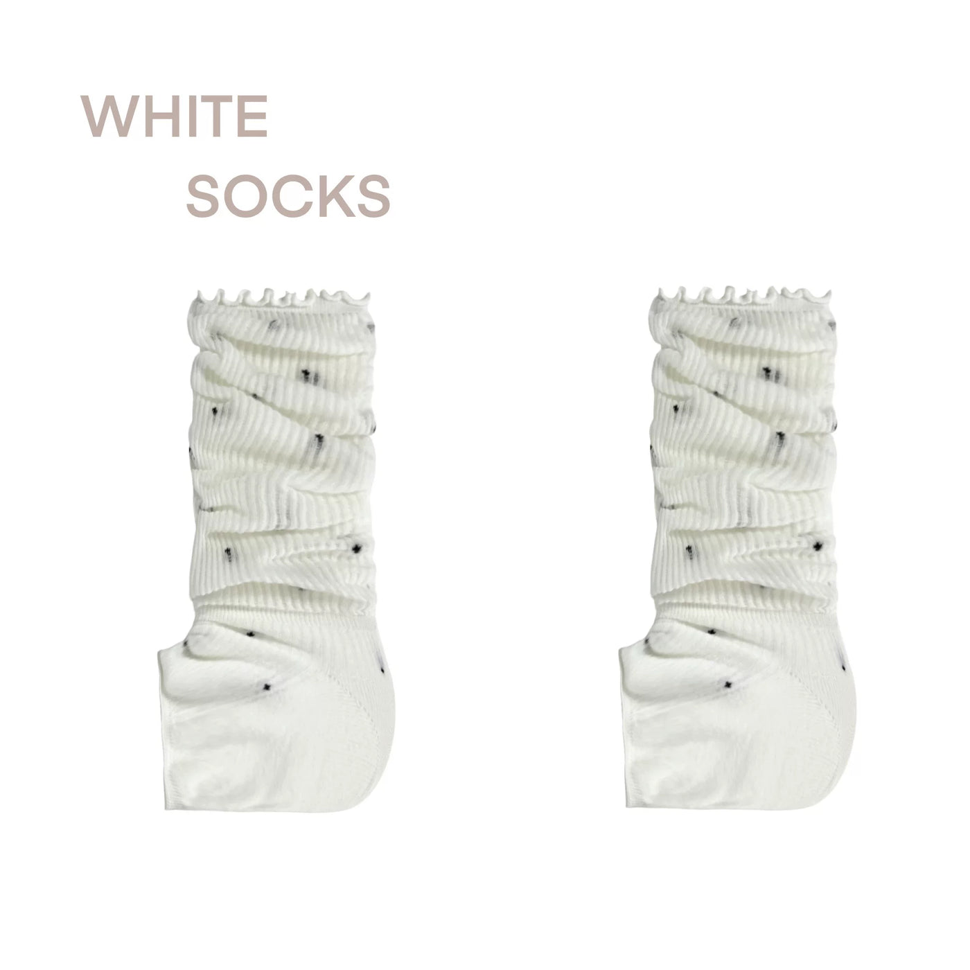 White ribbed knit Lolita calf sock with scalloped lace cuff and polka dot sheer panel