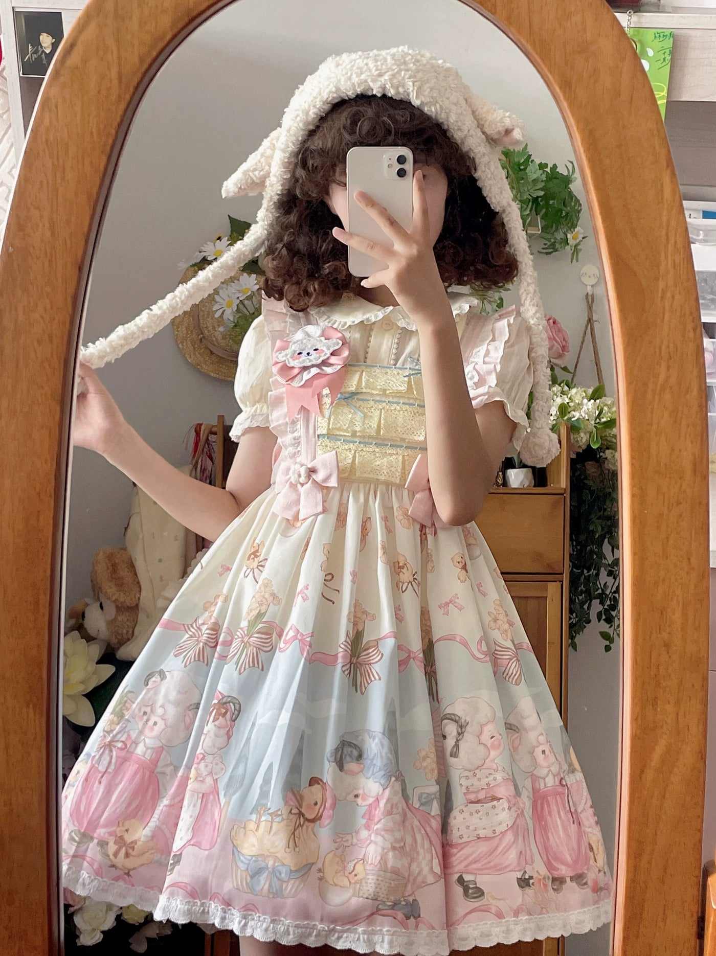 Cat Upon Cat - Sheep Waltz - Printed JSK with a Lace-Trimmed Hem