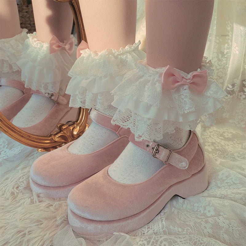 Sock Noble - Lace Bow Fairy - White Lace Slouch Socks with Pink Bows