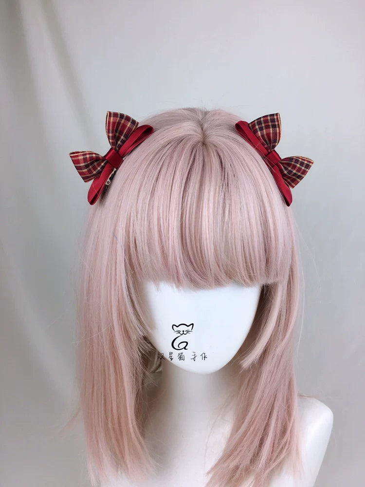 Little Red Riding Hood Burgundy Plaid Ear Headband & Clips — Upright Bow Mini Hair Clips - Pair