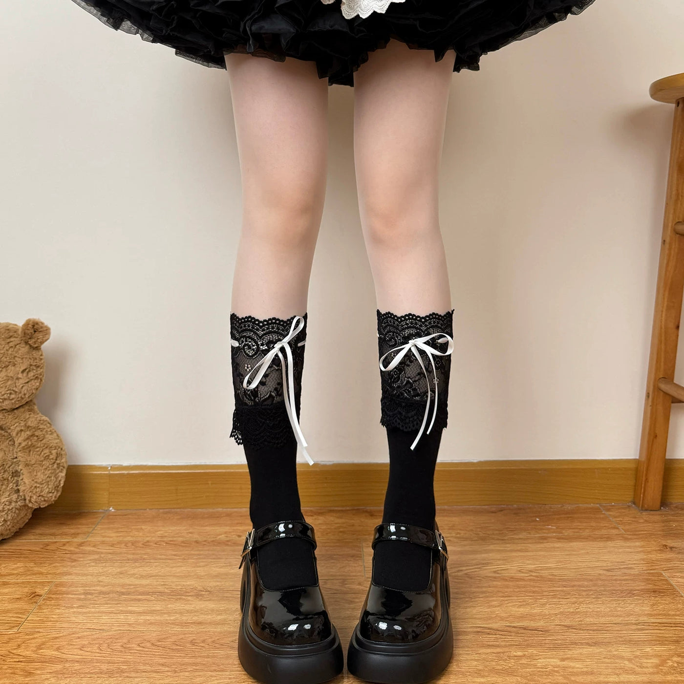 Chubby Bear Tales - Cream Ballet - Lolita Socks with Lace and Ribbon Details