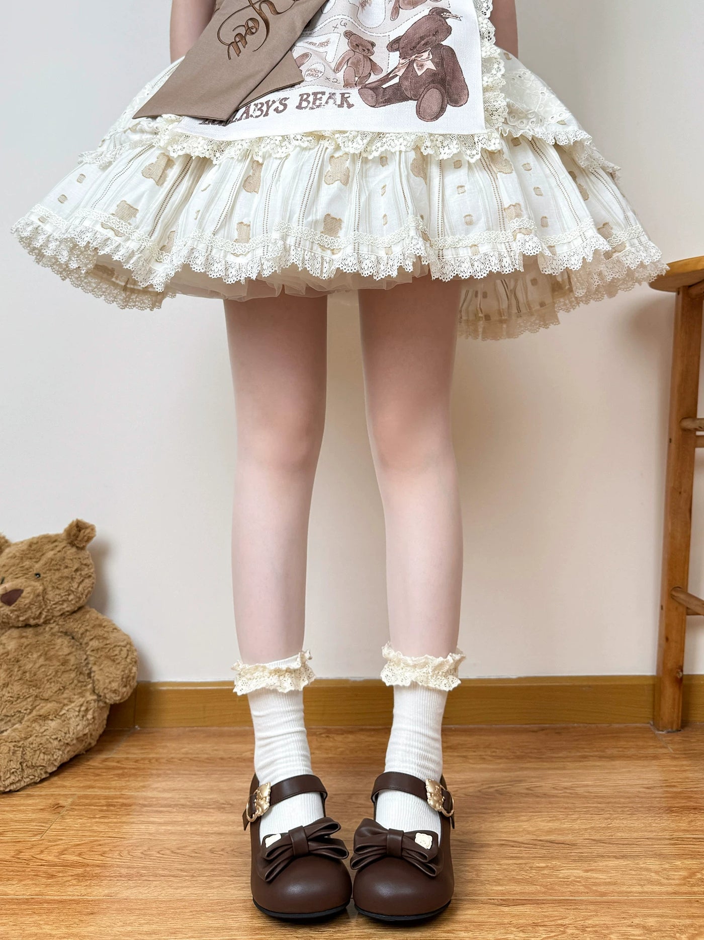 Chubby Bear Tales - Antique Doll Lace - Mid-calf socks with ruffled lace cuffs