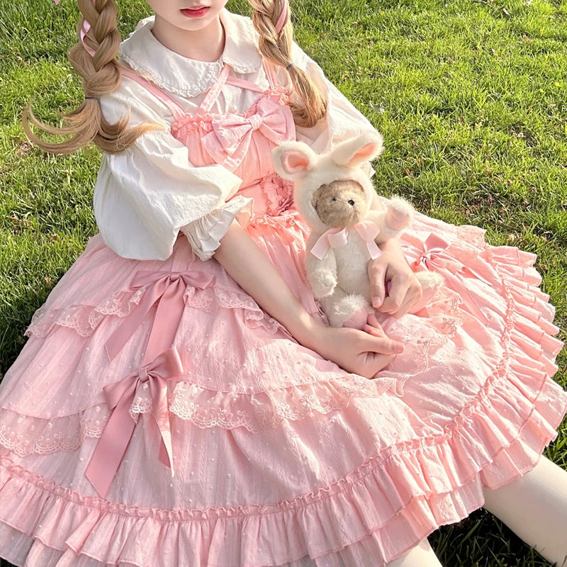 Lady Han Miss Pearl Lolita JSK dress with floral print and bow details, showcasing its elegant, original design and high-quality fabric.