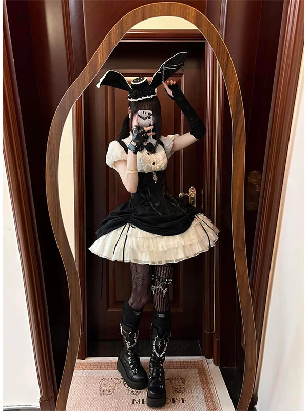 Black JSK with ivory ruffled skirt, inner top, bow tie and rabbit-ear hat