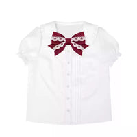 To Alice - Old School - Lolita salopette with a three-tiered ruffled skirt - White Shirt with Burgundy Bow / S