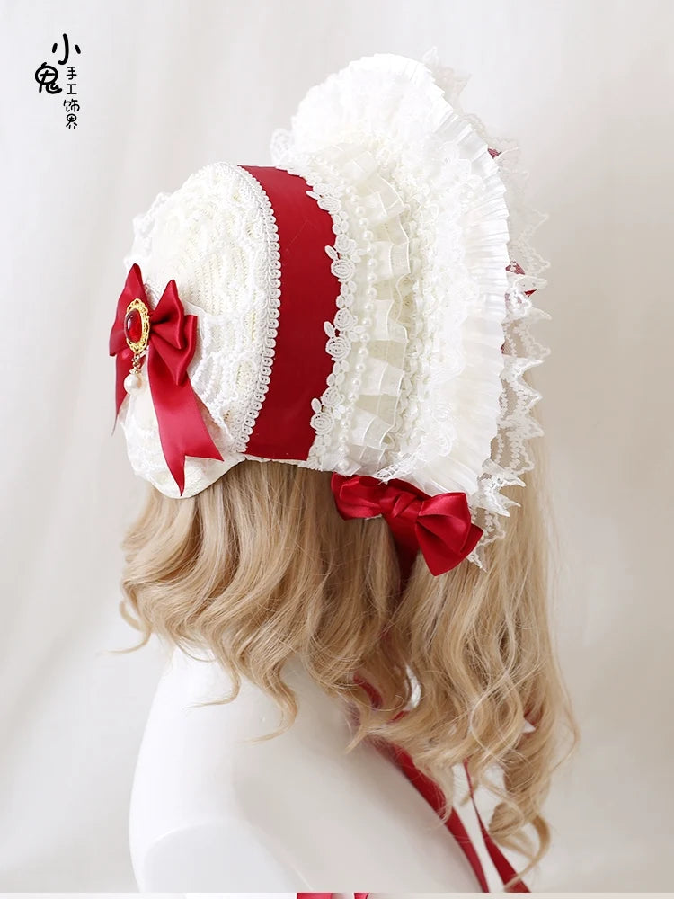 Xiaogui - Sweet Lolita Hat Strawberry Bonnet - with Lace and Bow Headwear