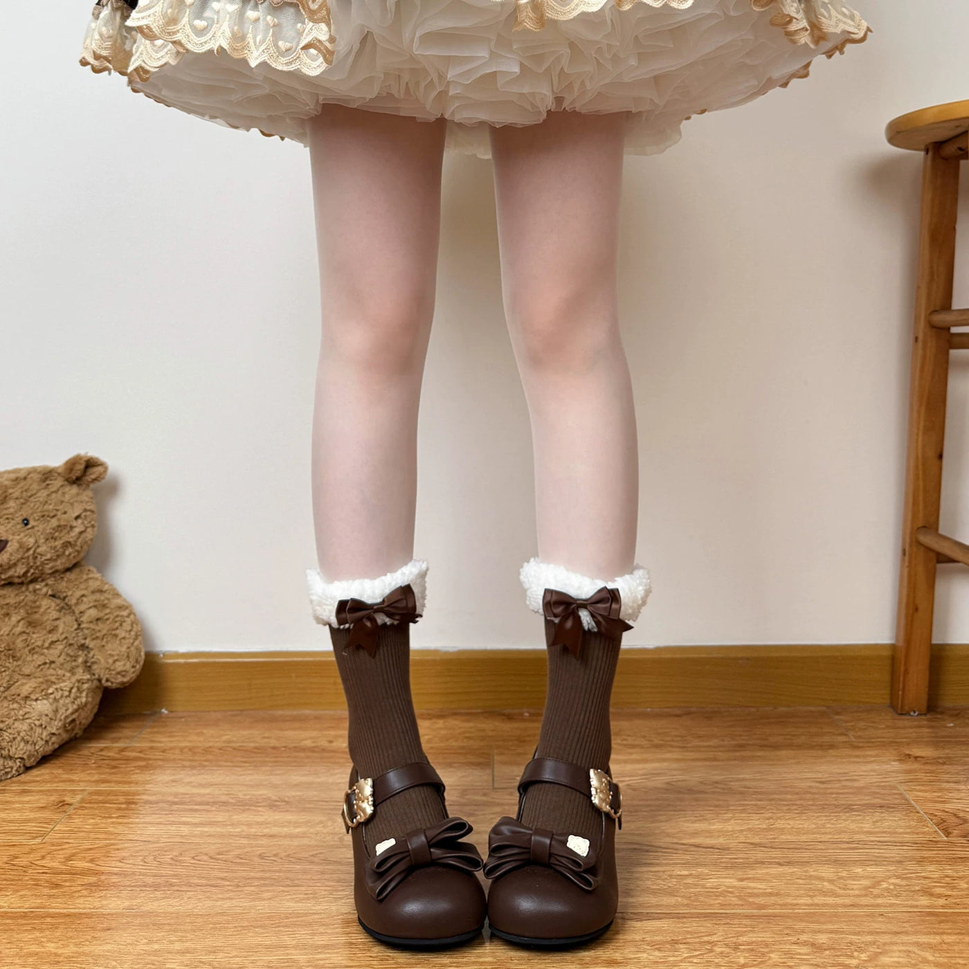 Chubby Bear Tales - Winter Bow - Mid-Calf Socks with Gathered Bow Cuffs